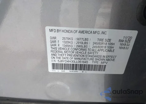 2020 Acura Mdx Standard из США, поврежденный, VIN 5J8YD4H30LL051645